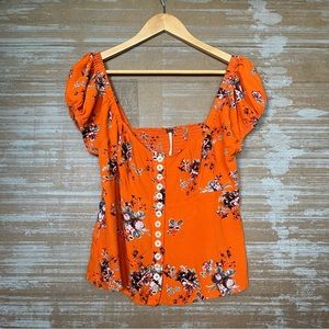 Free People Close to You Floral Blouse Orange Boho Preppy Womens L